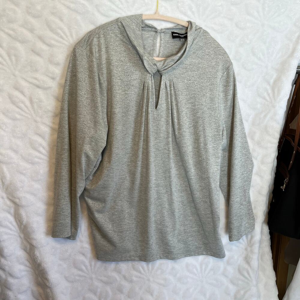 Karl Lagerfeld silver shimmer top long sleeve front faux tie rear button closure